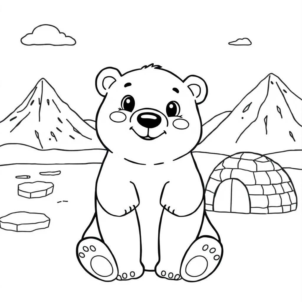 Line art of a cute polar bear designed for coloring, set against a thematic Arctic background suitable for children