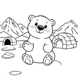 Line art of a cute polar bear designed for coloring, set against a thematic Arctic background suitable for children