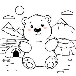 Line art of a cute polar bear designed for coloring, set against a thematic Arctic background suitable for children