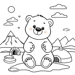 Line art of a cute polar bear designed for coloring, set against a thematic Arctic background suitable for children