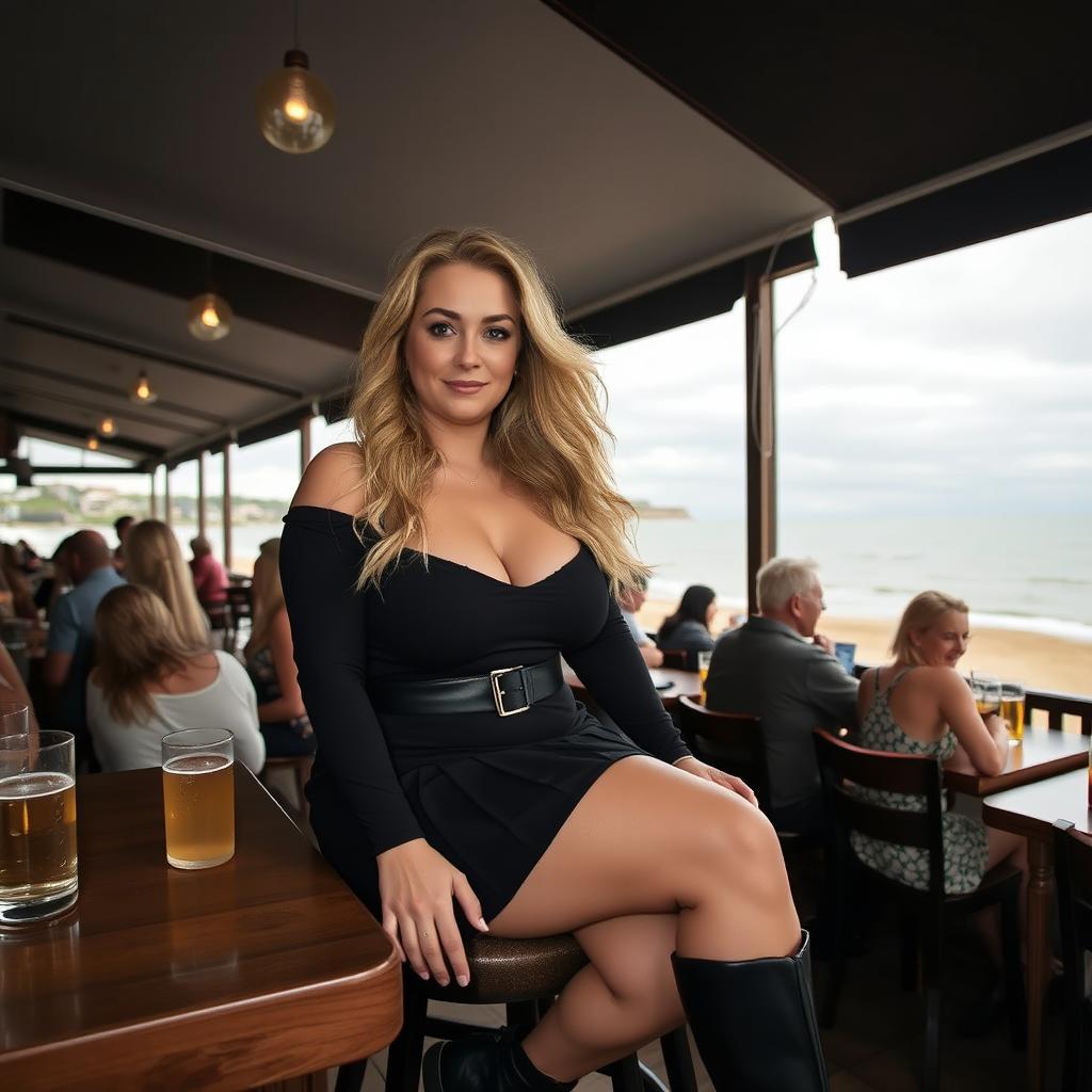 A 40-year-old curvy blonde woman sitting sexily in a busy beach bar in St Ives