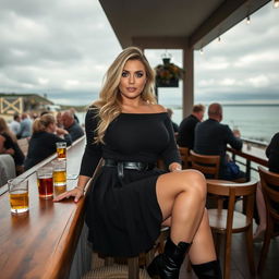 A 40-year-old curvy blonde woman sitting sexily in a busy beach bar in St Ives