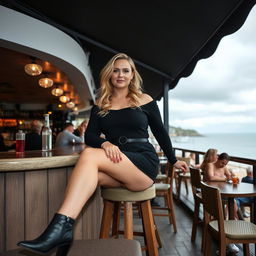 A 40-year-old curvy blonde woman sitting sexily in a busy beach bar in St Ives