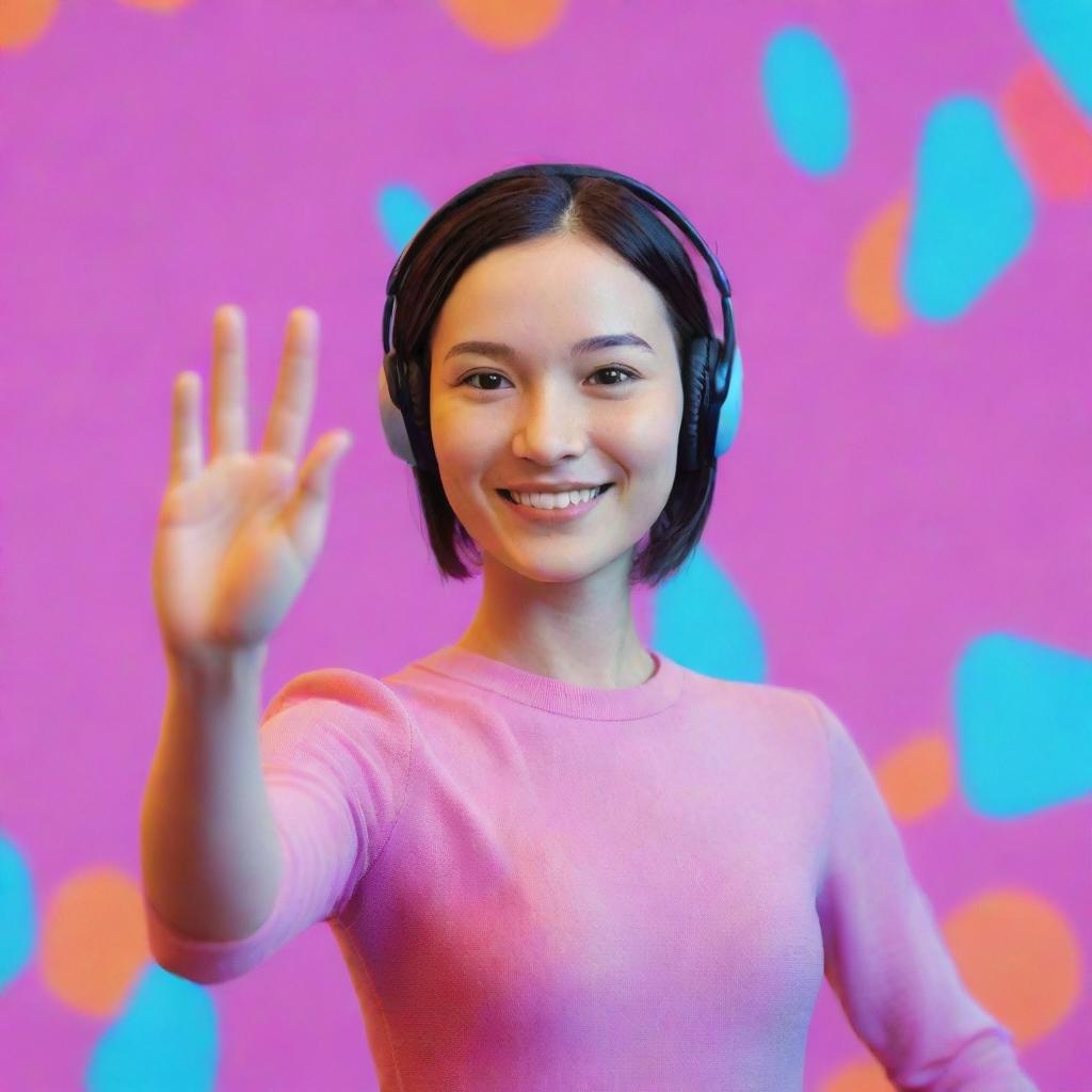 A friendly AI avatar smiling and waving hello against a vibrant, digital backdrop.