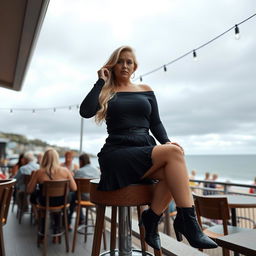 A 40-year-old curvy blonde woman sitting sexily in a busy beach bar in St Ives