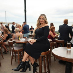 A 40-year-old curvy blonde woman sitting sexily in a busy beach bar in St Ives