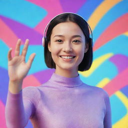 A friendly AI avatar smiling and waving hello against a vibrant, digital backdrop.