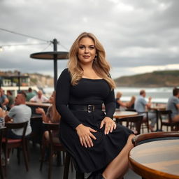 A 40-year-old curvy blonde woman sitting sexily in a bustling beach bar in St Ives