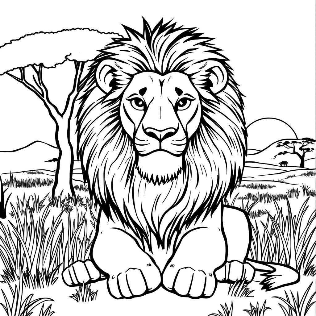 Line art of a majestic lion designed for coloring, set against a thematic savannah backdrop that is suitable for children