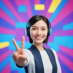 A friendly AI avatar smiling and waving hello against a vibrant, digital backdrop.