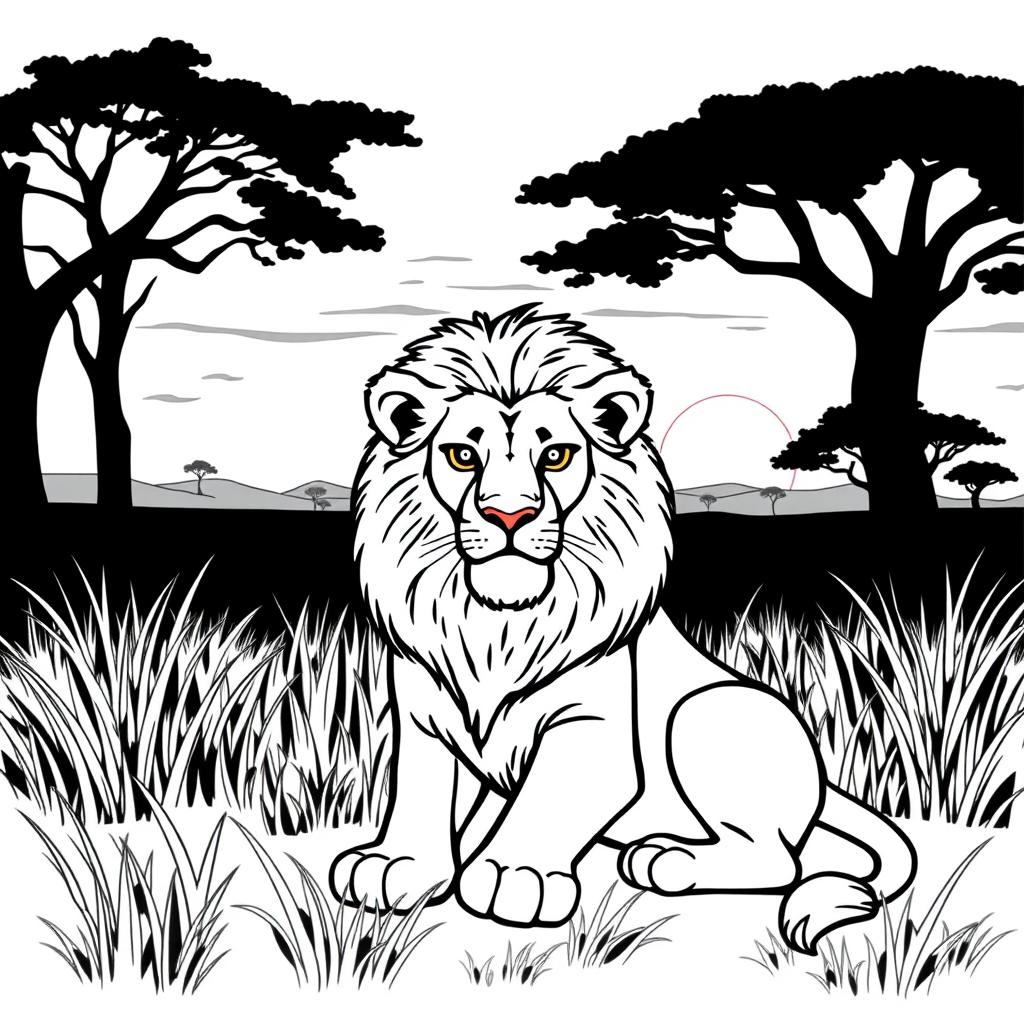 Line art of a majestic lion designed for coloring, set against a thematic savannah backdrop that is suitable for children