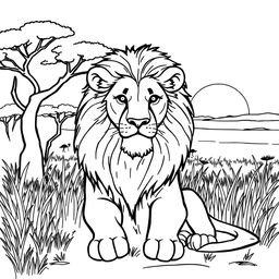 Line art of a majestic lion designed for coloring, set against a thematic savannah backdrop that is suitable for children