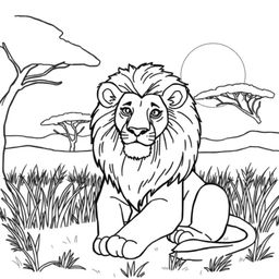 Line art of a majestic lion designed for coloring, set against a thematic savannah backdrop that is suitable for children