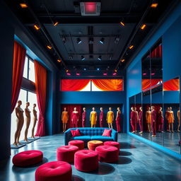 A 100 square meter showroom store with dark blue walls, a high ceiling featuring black, gold, and blue spotlights