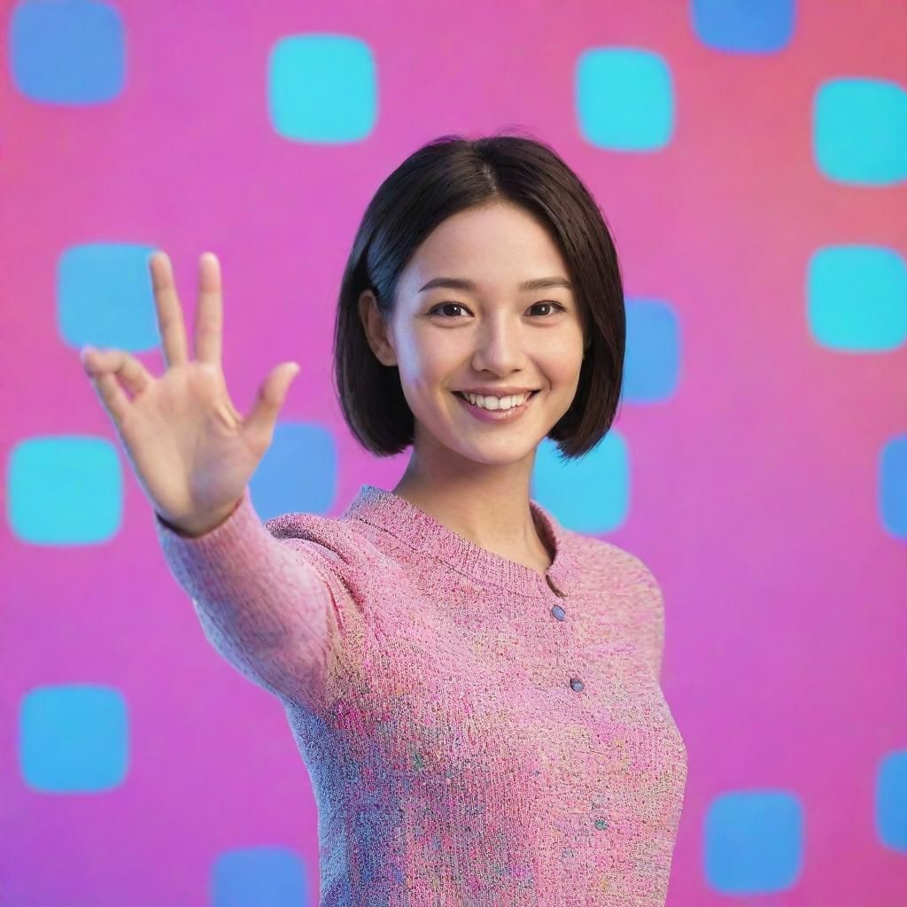 A friendly AI avatar smiling and waving hello against a vibrant, digital backdrop.