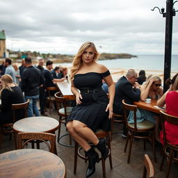 A 40-year-old curvy blonde woman posing seductively while seated in a bustling beach bar in St Ives