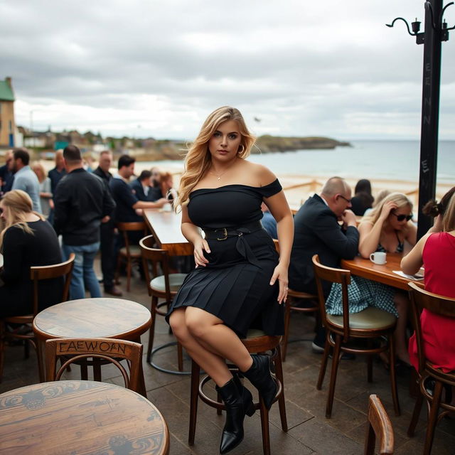 A 40-year-old curvy blonde woman posing seductively while seated in a bustling beach bar in St Ives