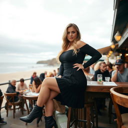 A 40-year-old curvy blonde woman posing seductively while seated in a bustling beach bar in St Ives