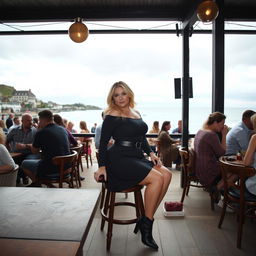 A 40-year-old curvy blonde woman posing seductively while seated in a bustling beach bar in St Ives