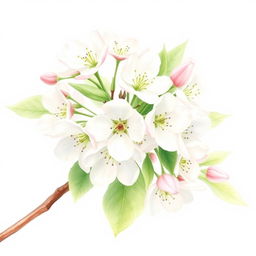 Create a delicate watercolor drawing of white apple tree flowers