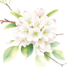 Create a delicate watercolor drawing of white apple tree flowers