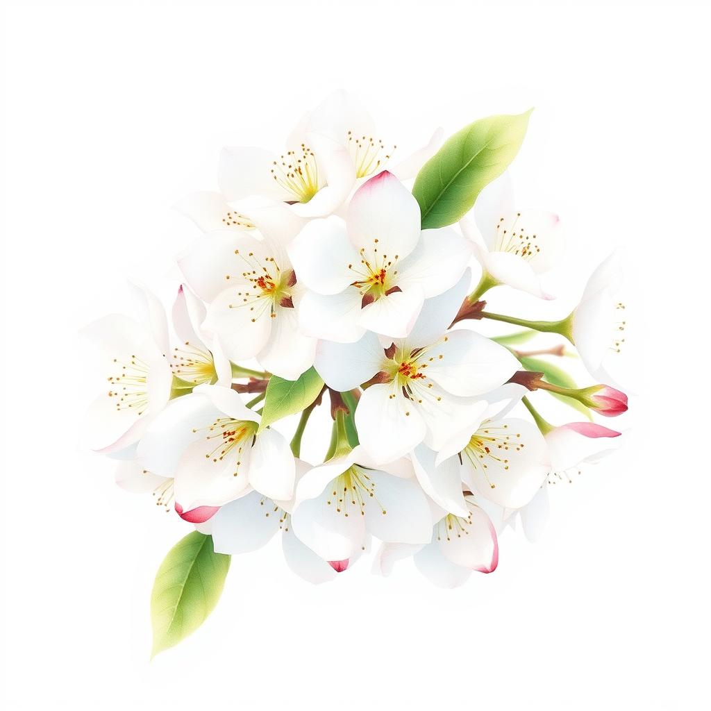 Create a delicate watercolor drawing of white apple tree flowers