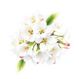Create a delicate watercolor drawing of white apple tree flowers