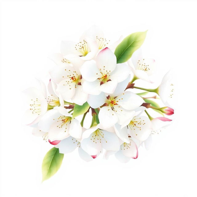 Create a delicate watercolor drawing of white apple tree flowers