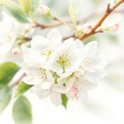 Create a delicate watercolor drawing of white apple tree flowers