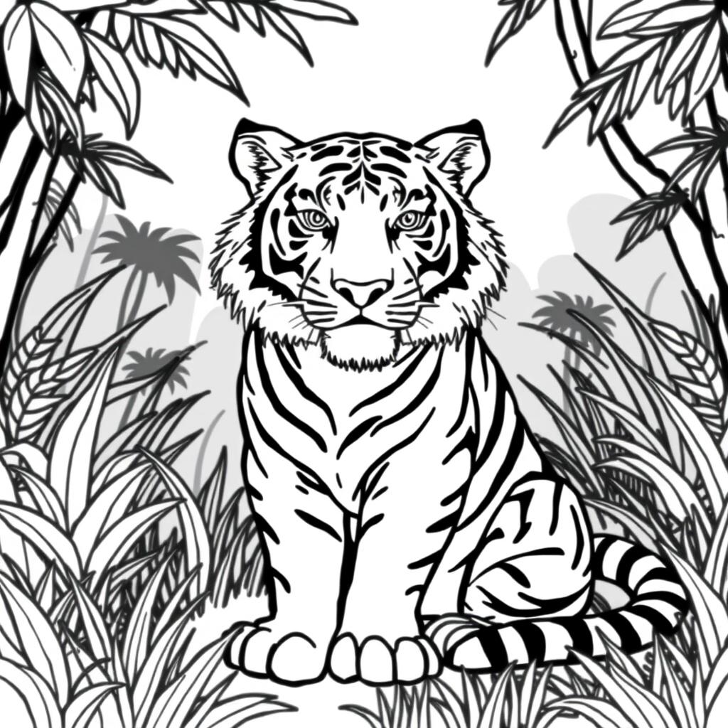 Line art of a majestic tiger designed for coloring, set against a thematic jungle backdrop that is suitable for children