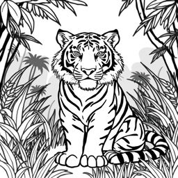 Line art of a majestic tiger designed for coloring, set against a thematic jungle backdrop that is suitable for children