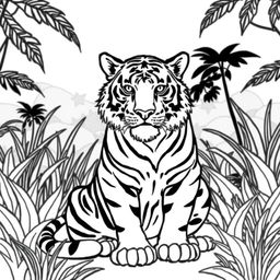 Line art of a majestic tiger designed for coloring, set against a thematic jungle backdrop that is suitable for children