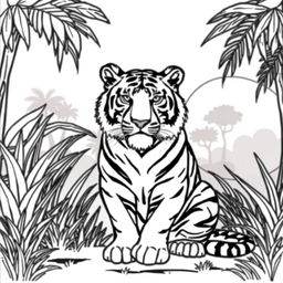 Line art of a majestic tiger designed for coloring, set against a thematic jungle backdrop that is suitable for children