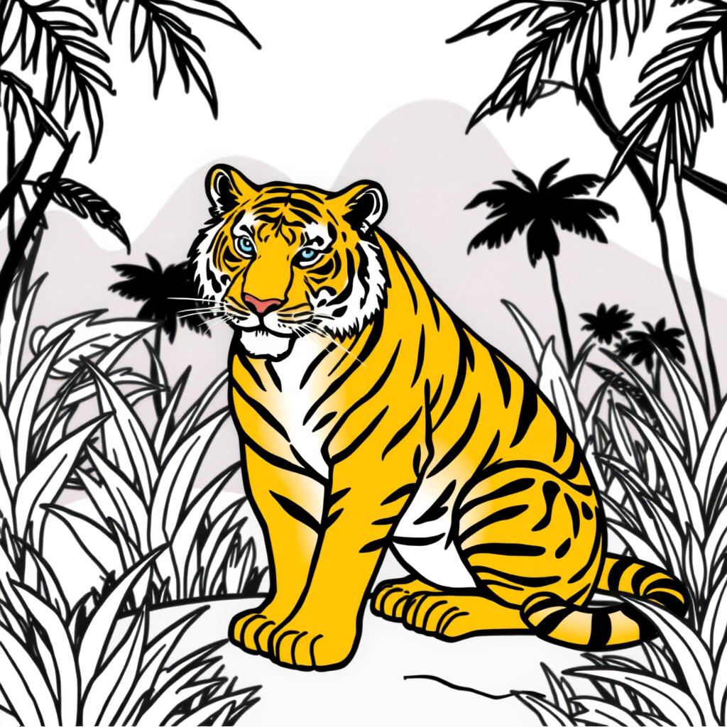 Line art of a majestic tiger designed for coloring, set against a thematic jungle backdrop that is suitable for children