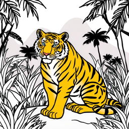 Line art of a majestic tiger designed for coloring, set against a thematic jungle backdrop that is suitable for children