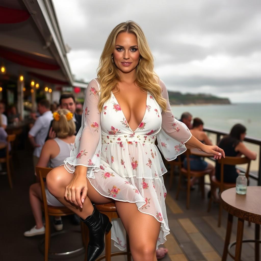 A 40-year-old curvy blonde woman posing seductively while seated in a busy beach bar in St Ives