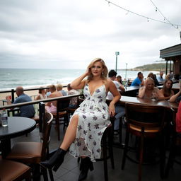 A 40-year-old curvy blonde woman posing seductively while seated in a busy beach bar in St Ives