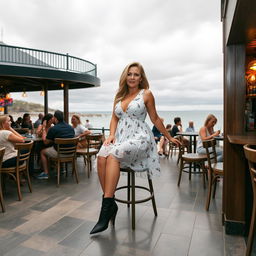 A 40-year-old curvy blonde woman posing seductively while seated in a busy beach bar in St Ives