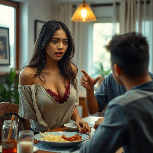 A 23-year-old Indonesian woman with a beautiful face, ideal body, plump breasts, and sexy lips, wearing casual clothes at home