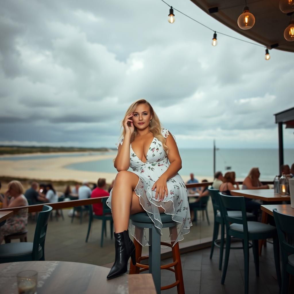 A 40-year-old curvy blonde woman posing seductively while seated in a lively beach bar in St Ives