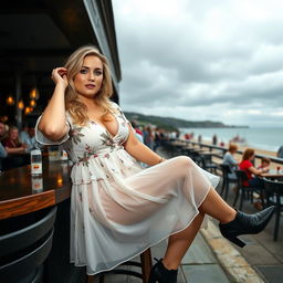 A 40-year-old curvy blonde woman posing seductively while seated in a lively beach bar in St Ives