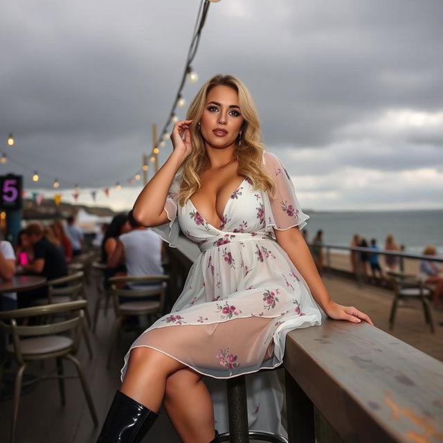 A 40-year-old curvy blonde woman posing seductively while seated in a lively beach bar in St Ives