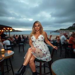 A 40-year-old curvy blonde woman posing seductively while seated in a lively beach bar in St Ives