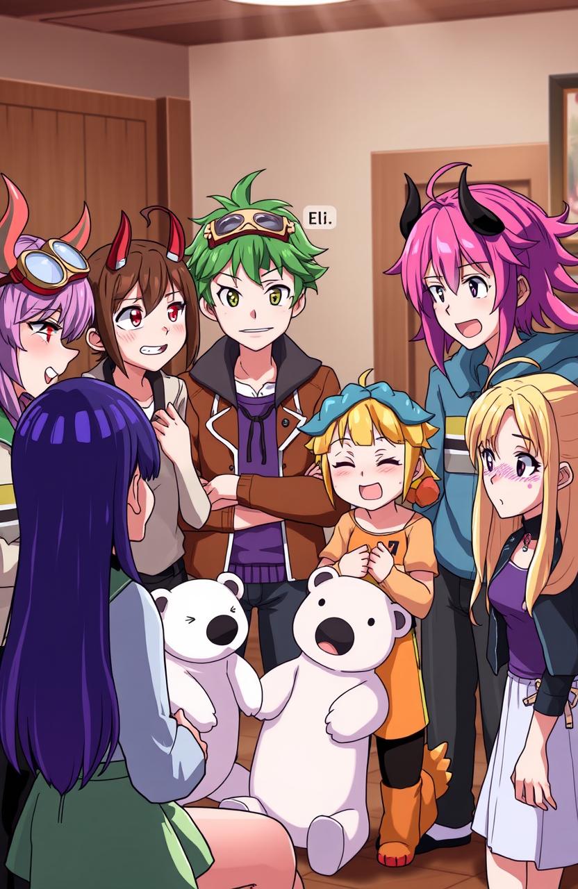 A group of seven anime-style characters in a room, engaging in a lively discussion