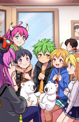 A group of seven anime-style characters in a room, engaging in a lively discussion