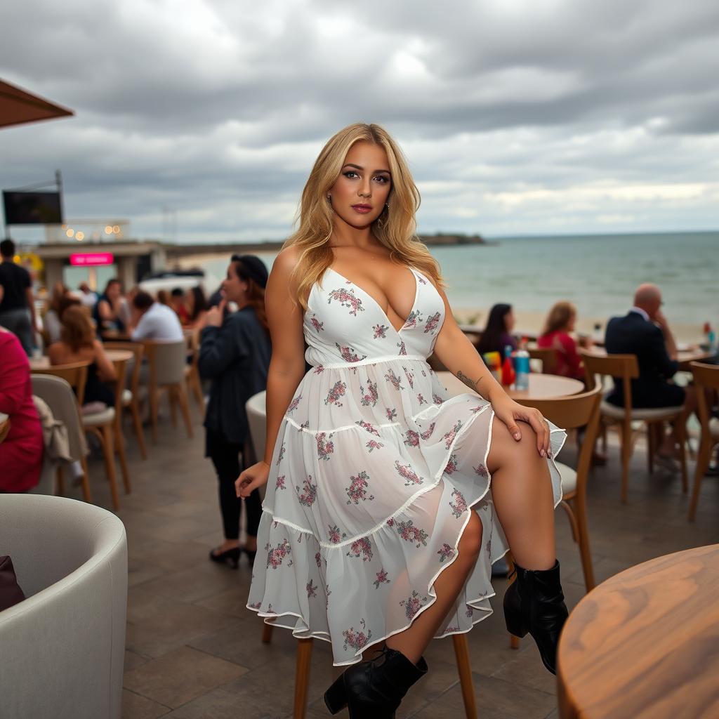 A 40-year-old curvy blonde woman posing seductively while seated in a lively beach bar in St Ives