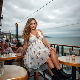 A 40-year-old curvy blonde woman posing seductively while seated in a lively beach bar in St Ives