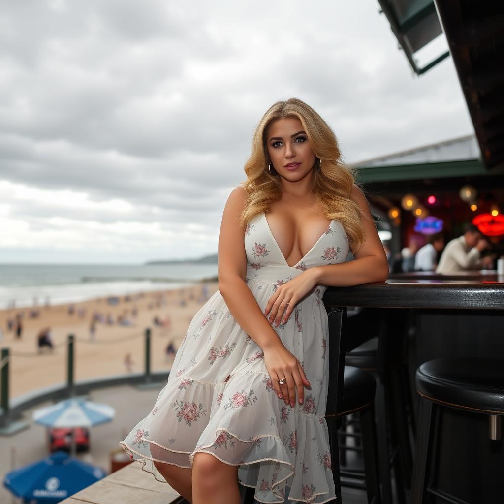 A 40-year-old curvy blonde woman posing seductively while seated in a lively beach bar in St Ives