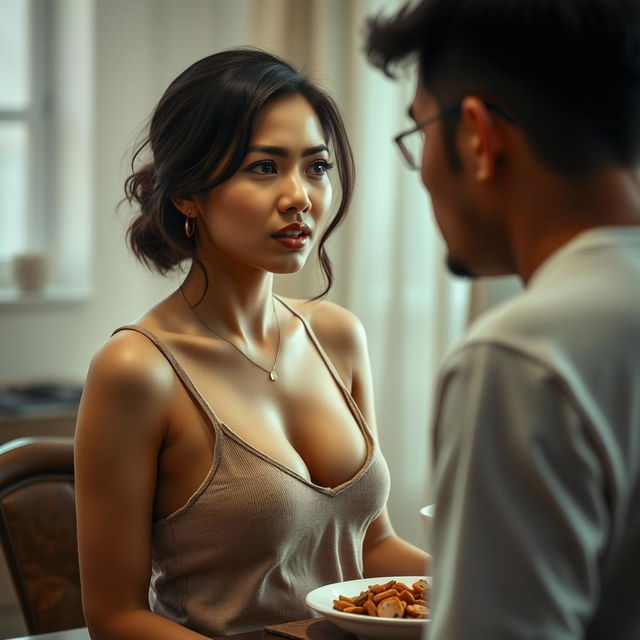 A 23-year-old Indonesian woman with a beautiful face, ideal body, plump breasts, and sexy lips, wearing casual clothes at home