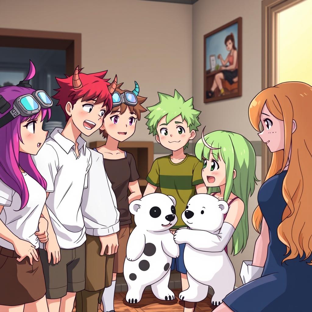 A group of seven anime-style characters animatedly discussing something in a room